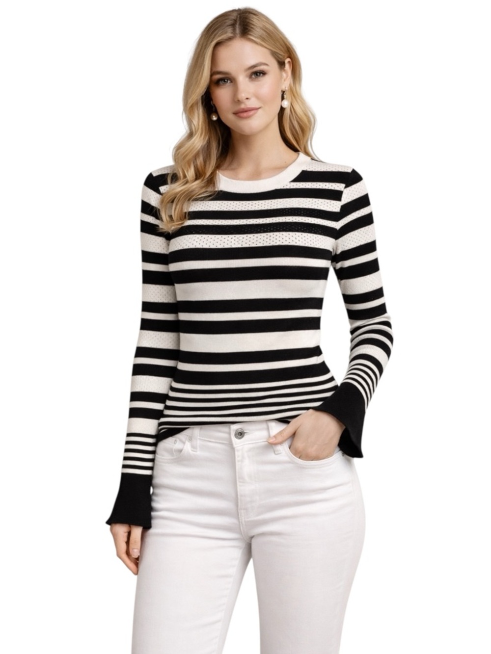 BAILEY 44 Striped Mesh Knit Bell Sleeve Top Womens Small Black White Boho Preppy